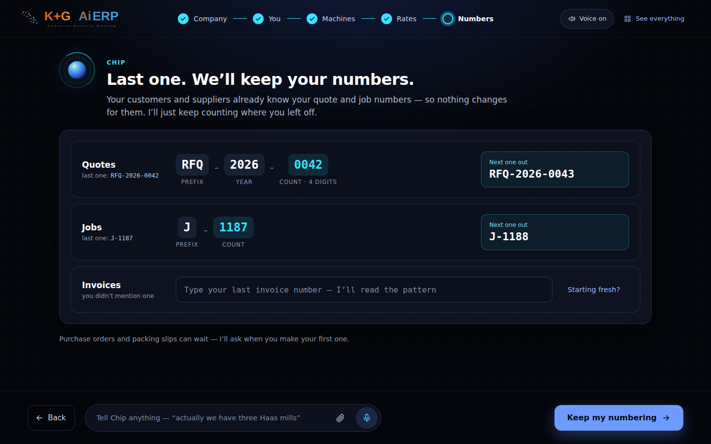 The numbering step: existing quote and job number formats read back, with the next number each will issue.